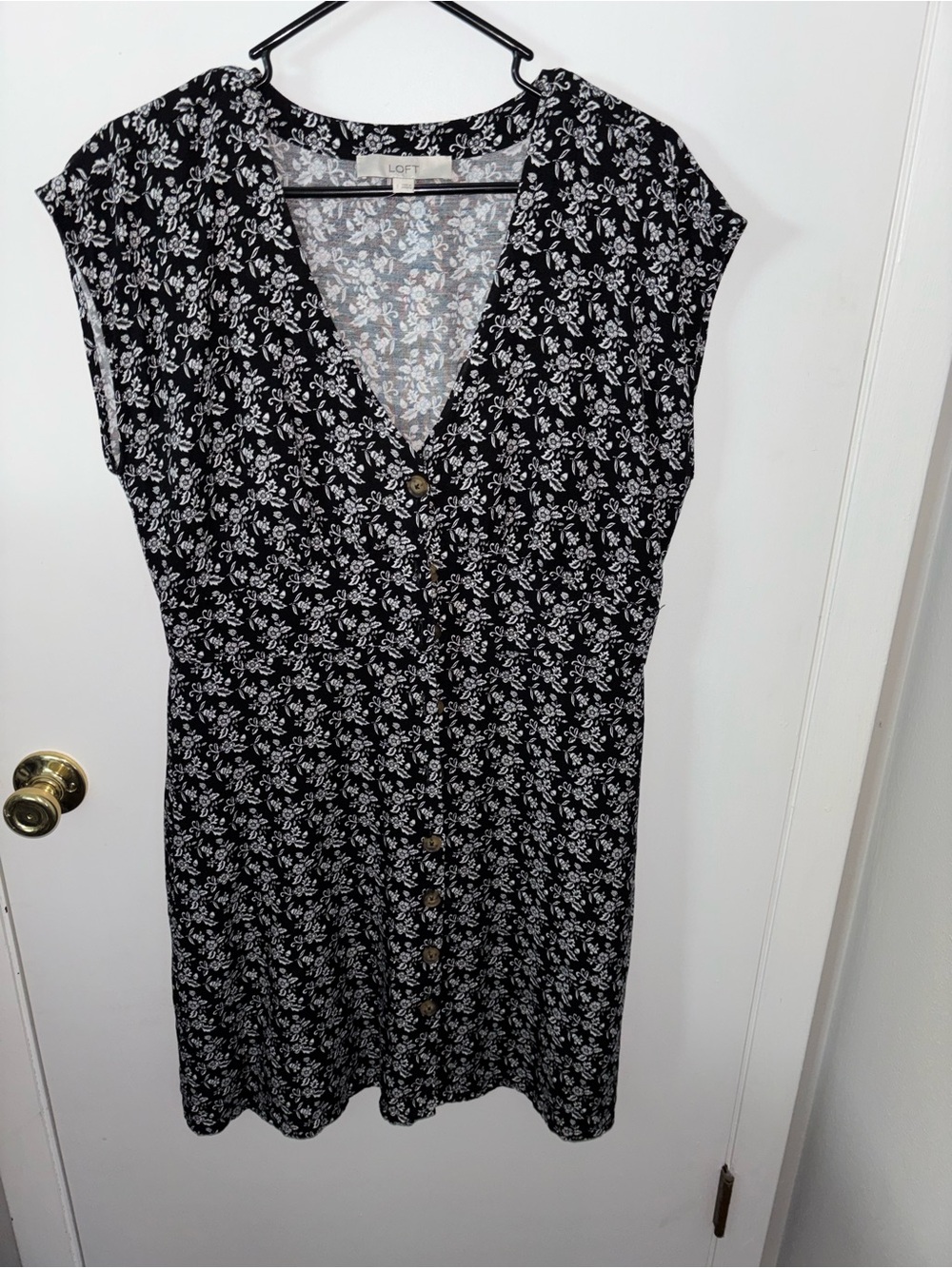 LOFT Black and White Floral Button-Front Midi Dress